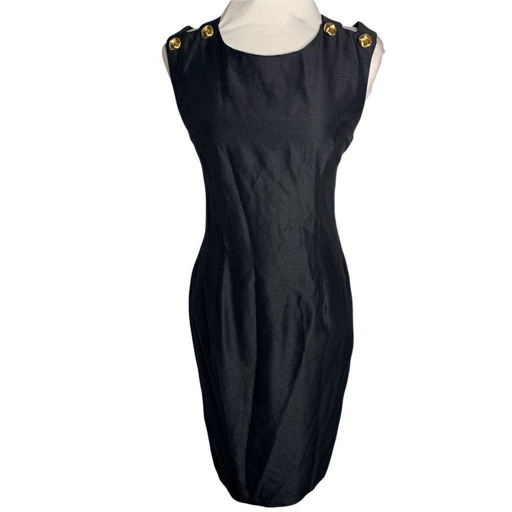 Vintage Scott McClintock Sheath Dress S Black Sleeveless Cross Back Knee Length